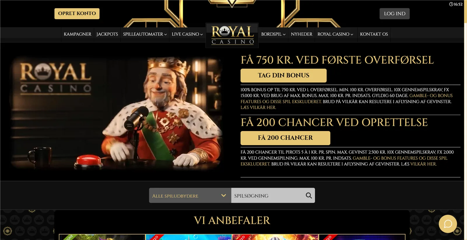 Forsiden hos Royal Casino med kongefiguren, spilsøgning og menu til jackpots og live casino.