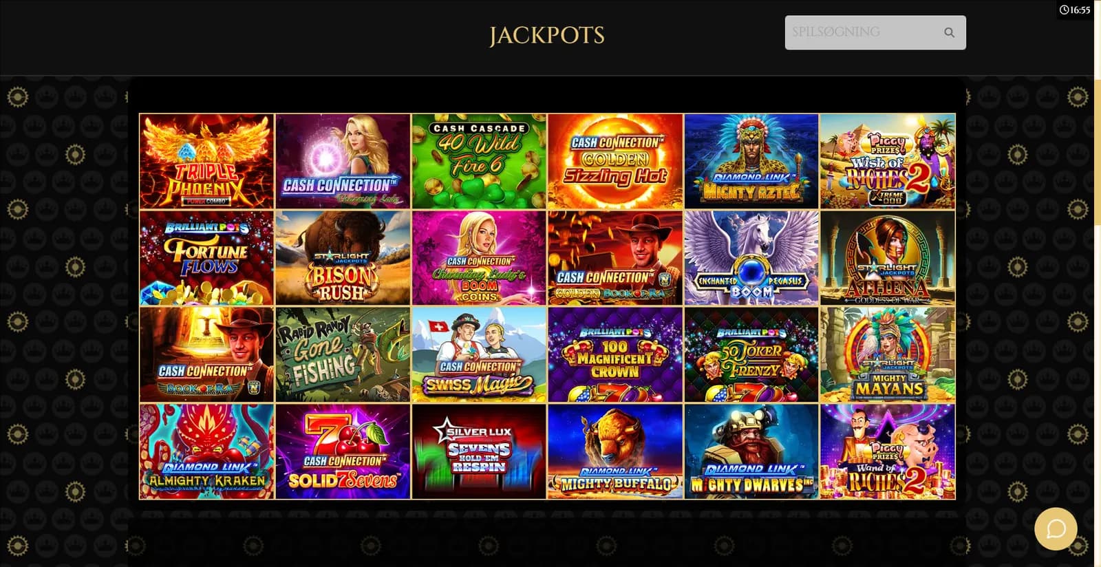 Jackpot-sektionen hos Royal Casino med progressive spil som Cash Connection og Diamond Link.
