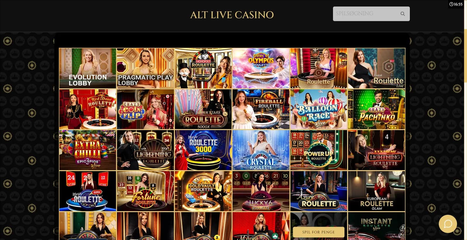 Live casino-lobbyen hos Royal Casino med roulette- og gameshow-borde fra Evolution og Pragmatic Play.