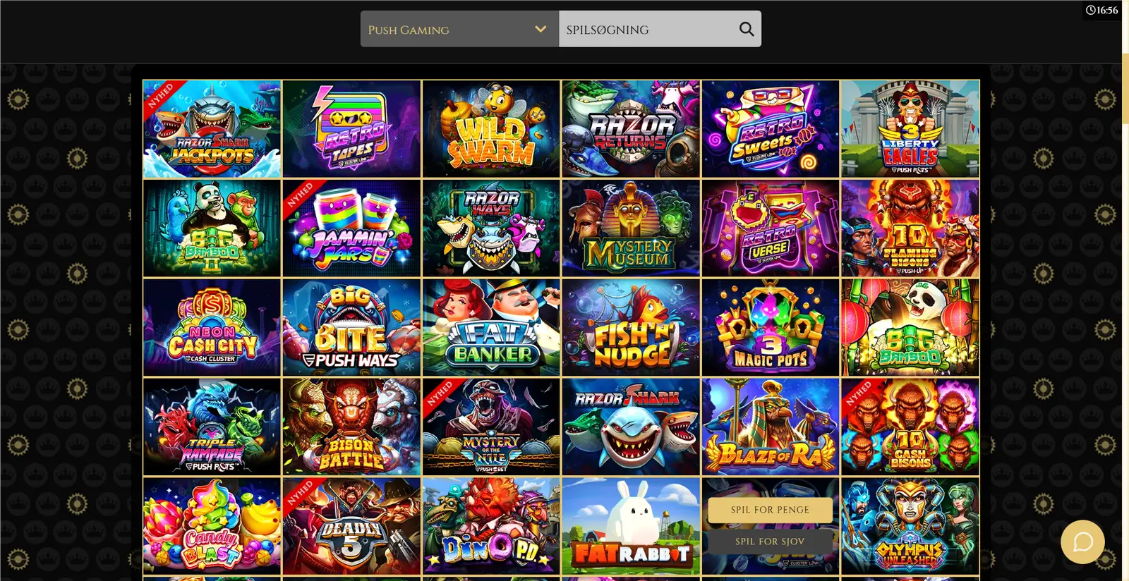Spilleautomater fra Push Gaming hos Royal Casino, blandt andre Razor Shark og Jammin' Jars.
