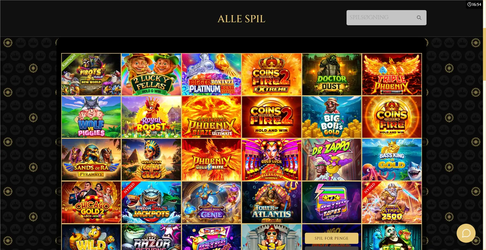 Spiloversigten Alle spil hos Royal Casino med spilleautomater i gitter og filter til spiludbydere.